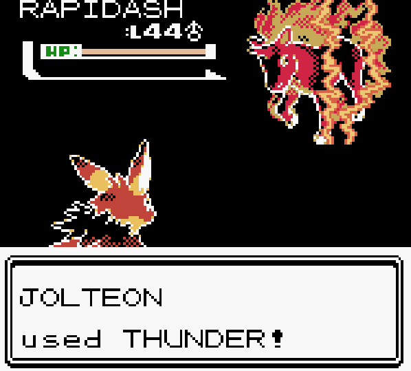 Screenshot of a use of Thunder in Pokemon Crystal.